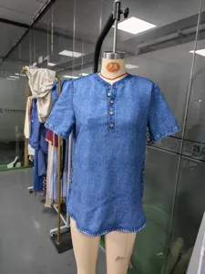 Women short sleeve denim shirt casual button down top stylish summer daily wear blouse