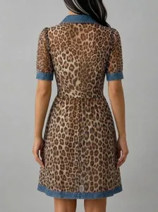 2026 new leopard print mesh dress with denim splice collar cuffs casual a-line skirt women