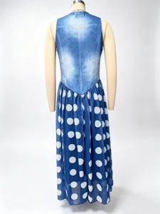 Back view detail of women faux denim sleeveless top spliced with blue white polka dot maxi dress.