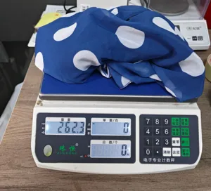 Blue and white polka dot fabric detail showing texture and pattern during quality check.