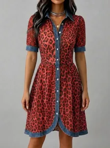 Detailed view of women red leopard print dress with denim spliced lapel and button front.