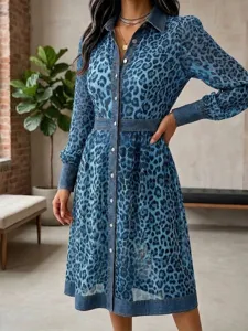 Detailed view of the blue leopard print long sleeve dress with chic denim patchwork design.