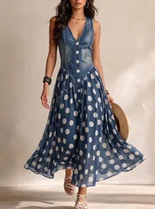 Stunning sleeveless denim splice polka dot long dress, chic V-neck casual fashion maxi dress.
