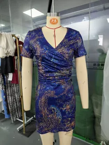 Elegant robe mini femme vintage col V manches courtes taille croisée imprimé slim fit