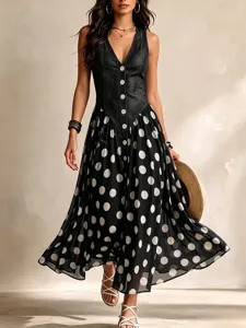 Details of the stylish black denim spliced black and white polka dot long dress for women.