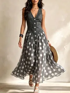 Sleeveless faux denim spliced polka dot maxi dress detail, chic buttons and sheer skirt.