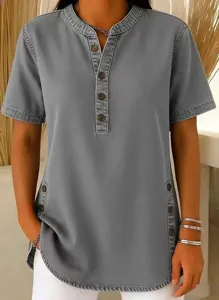 Women grey denim short sleeve top casual v neck button down shirt summer daily wear blouse