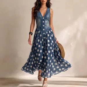 Women's Casual Vintage Denim Style Vest Patchwork Polka Dot Chiffon Long Dress Sleeveless V-Neck Maxi Dress