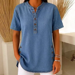 Women's Casual Short Sleeve Lapel Button Blouse Solid Color Slim Fit Fashion Commuting Summer Top
