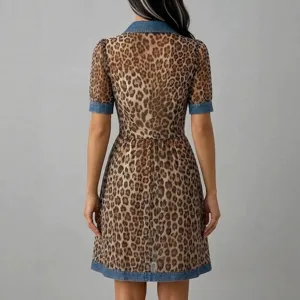 Women leopard print short sleeve denim patchwork mini dress back view main product image