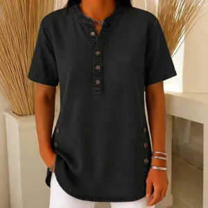 Women short sleeve denim shirt button down casual chic summer top regular fit daily wear