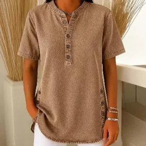 Casual brown denim short sleeve women's shirt with V-neck, buttons and stylish side split.