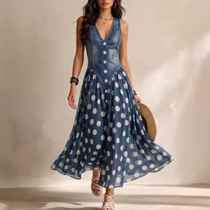Women fashion denim top polka dot long dress casual sleeveless elegant summer maxi dress