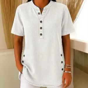 Women white short sleeve button down casual denim shirt blouse with stylish side buttons