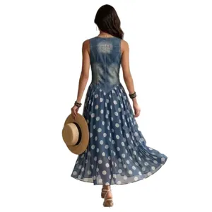 Women casual sleeveless denim spliced polka dot maxi dress back view main product image