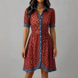 Red leopard print mini dress featuring stylish contrast denim collar and button placket.
