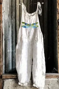Women white linen jumpsuit with charming dragonfly print, casual wide-leg summer sleeveless overall.