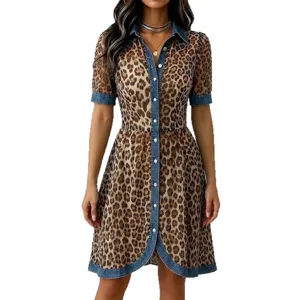 Women Leopard Print Mesh Dress Denim Patchwork Short Sleeve A-Line Casual Main Image