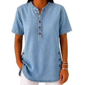 Women's casual light blue denim short sleeve blouse with button-up front and side buttons