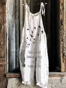White linen jumpsuit with feather and bird print, casual vintage sleeveless wide leg pants.