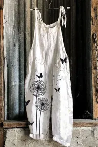 Women white linen casual jumpsuit featuring charming black dandelion and butterfly prints.