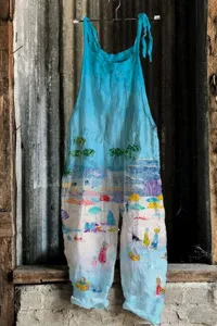 Summer casual sleeveless wide leg jumpsuit with artistic beach print for women