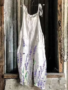 Summer casual women's white linen jumpsuit with vintage purple lavender floral print loose fit.
