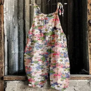 Floral print wide-leg casual jumpsuit featuring sweet sleeveless tie-strap design for summer.