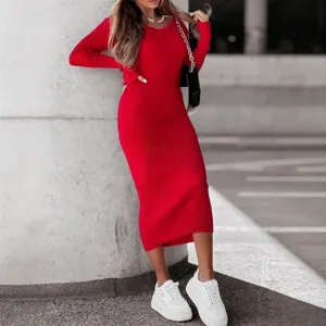 Red ribbed long sleeve V-neck midi dress for women, elegant slim fit casual daily wear.