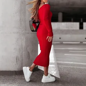 Red long sleeve ribbed knit dress for women casual elegant long maxi dress wear