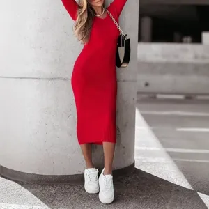 Women red ribbed knit midi dress v-neck long sleeve casual elegant fashion outfit