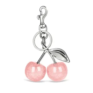 Cute pink glitter cherry keychain handbag pendant with silver metal lobster clasp and ring.