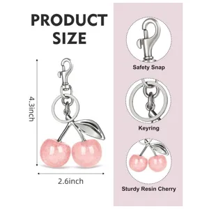 Cute glitter resin cherry keychain with safety snap and keyring, 4.3 inch size detail.