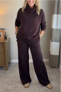 Closeup view highlighting the soft fabric texture and relaxed turtleneck fit of the lounge set.