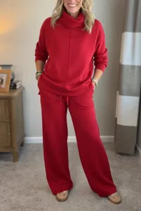 Women's red two piece tracksuit set winter turtleneck sweatshirt and wide leg pants casual outfit