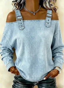 Women casual denim off shoulder long sleeve top with decorative straps and metal buckles.