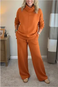 Detailed view of the cozy caramel lounge set featuring a turtleneck top and wide-leg pants.