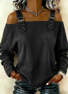 Women's off-shoulder dark grey denim long sleeve top with stylish shoulder buckle straps.