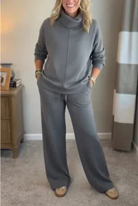 Cozy womens knit loungewear set cowl neck pullover and wide leg pants casual outfit