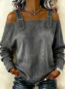 Stylish off-the-shoulder long sleeve denim top with chic shoulder strap details for women.