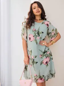 Jolie Robe Chiffon Imprimé Floral Vert Menthe Midi Été Mode Femme Élégante Chic
