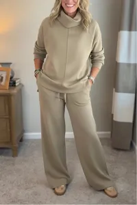 Casual khaki loungewear set featuring a cozy turtleneck pullover and wide-leg pants.