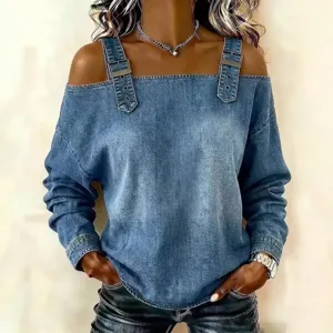 Women Casual Off Shoulder Long Sleeve Top Solid Color Boat Neck Slim Fit Fashion Denim Look Pullover Blouse For Women