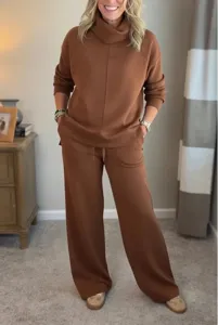 Casual brown two piece lounge set featuring a cozy turtleneck top and wide leg pants for women.