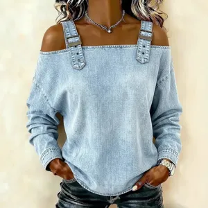 Women Off Shoulder Denim Long Sleeve Top Casual Streetwear Strappy Blue Blouse Chic New