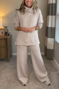 Women casual turtleneck sweatshirt and wide leg pants two piece set autumn winter outfit.