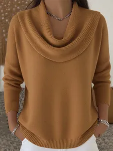 Women solid color cowl neck long sleeve knit sweater fashion casual daily pullover top