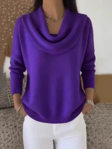 Women's Solid Color Cowl Neck Long Sleeve Sweater Casual Autumn Winter Pullover Top