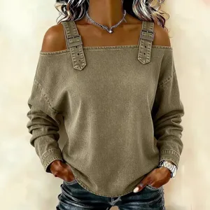 Women off shoulder long sleeve top with buckle straps casual denim style olive green shirt fashion