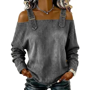 Women off shoulder long sleeve denim look top with decorative buckle straps for autumn